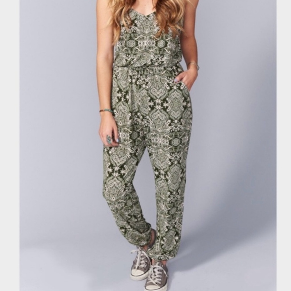 Show Me Your Mumu Cooper Green white paisley Jumpsuit pockets size small - Picture 2 of 13